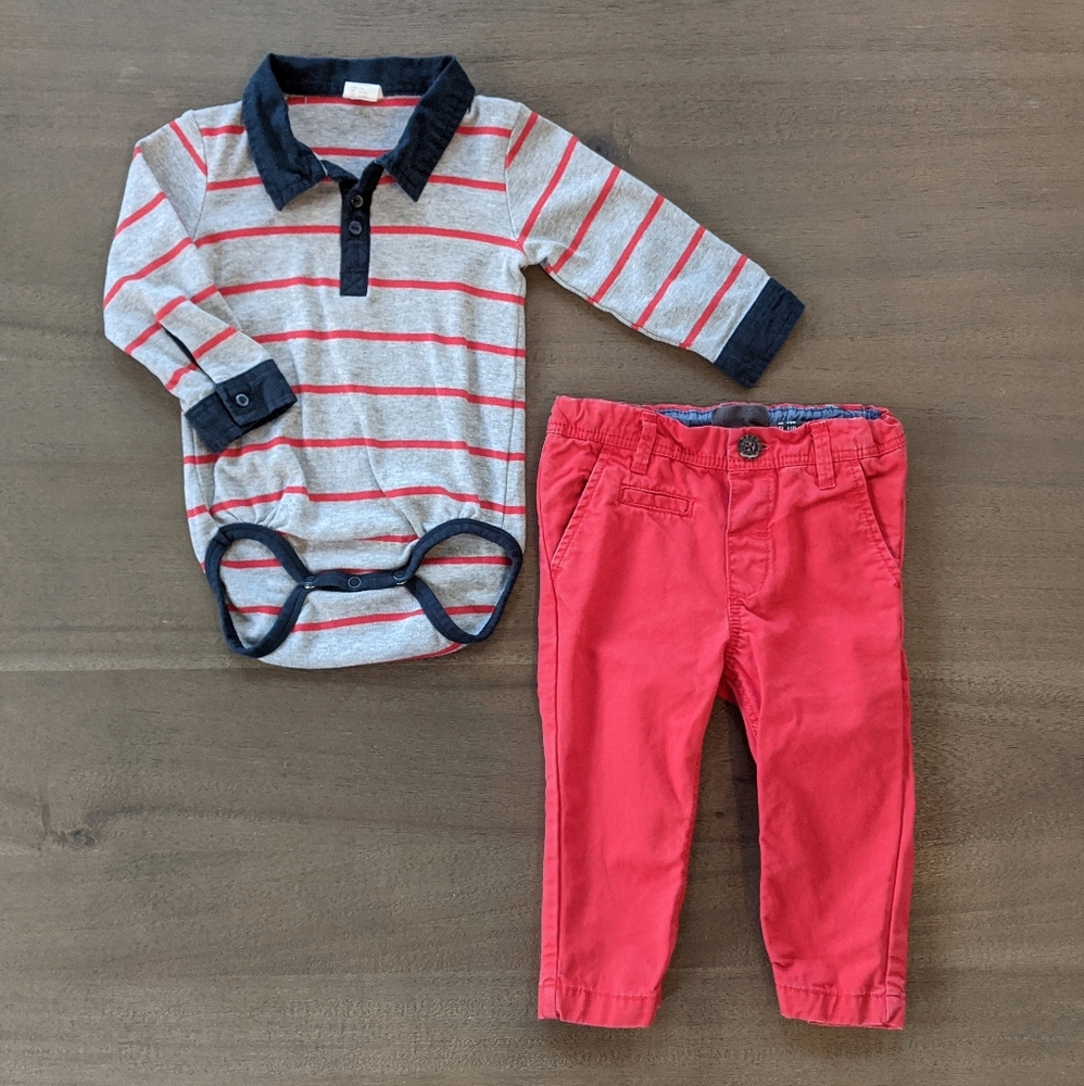 H&M Boy Long Sleeve Stripped Onesie & Red Pant Set